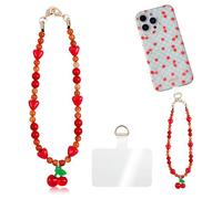 Auswalar Cherry Heart Beaded Phone Wrist Strap with Clear Universal Lanyard Tab, Sparkling Red Acrylic Bead Anti-Lost Mobile Phone Chain, Cute Phone Charm Accessory for Women & Girls