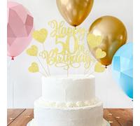 Auteby 7pcs 50th Birthday Cake Topper Set Gold Glitter - Happy 40th Birthday Main Cake Topper with Heart Cupcake Toppers for Women & Men, 40th Birthday Party Decorations for Cake & Dessert Table (50)