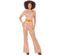 Smiffys Authentic 70s Chic Costume, Orange with Jumpsuit, 1970's Disco Fancy Dress, 1970s Dress Up Costumes