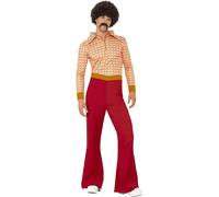 Smiffys Authentic 70s Guy Costume, Red with Top and High Waisted Trousers, 1970's Disco Fancy Dress, 1970s Dress Up Costumes Halloween