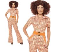Smiffys Authentic 70s Chic Costume, Orange with Jumpsuit, 1970's Disco Fancy Dress, 1970s Dress Up Costumes