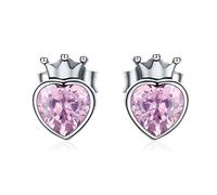 Authentic 925 Sterling Silver Sweet Pink Heart Of Crown Stud Earrings For Women Luxury Silver Jewelry Bijoux Gift