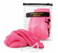Authentic African Exfoliating Net Sponge for Shower - Extra Long Durable Mesh Body Scrubber for Back Washing, Rich Lather, Quick Dry, Travel Bag Included, Black Washcloth for Daily Use (Light Pink)