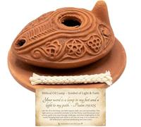 Authentic Clay Oil Lamp with Plate & Biblical Card - Handmade Biblical Style Earthenware Lamp with Wick - Christian Prayer, Anointing & Faith Gift - Holy Land Inspired Décor by Holy Land Market