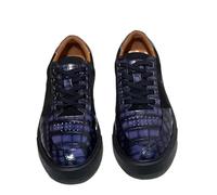 Authentic Exotic Crocodile Skin Patchwork Design Men Vulcanized Shoes Genuine Suede Leather Black Sole Male Lace-up Board Shoes, Navy Blue, 6 UK