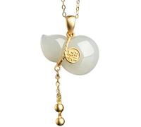 Authentic Feng Shui Wealth Necklace - Hand-Carved White Fei Cui Jade Wu Lou Calabash with Pure Silver & Crystal Bracelet for Chakra Balance and Good Luck(W silver chain)