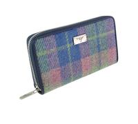 Authentic Harris Tweed Long Zip Purse - Scottish Wool Outer - Women's Tartan Wallet with Multiple Card Slots - Stylish Travel Wallet for Ladies - Blue Check
