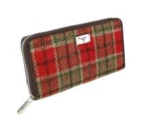 Authentic Harris Tweed Long Zip Purse - Scottish wool outer - Women's Tartan Wallet with Multiple Card Slots - Stylish Travel Wallet for Ladies - Multicolour check (Red & Green Tartan)