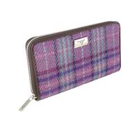 Authentic Harris Tweed Long Zip Purse - Scottish wool outer - Women's Tartan Wallet with Multiple Card Slots - Stylish Travel Wallet for Ladies - Multicolour check (Purple & Mint Check)