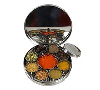 Authentic Indian Spice Tin Stainless Steel Masala Dabba Box Slim Large Curry Cooking Spice Tiffin Tin Box Kitchen Masala Container 9 Compartments Storage Set, 23cm