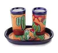 Authentic Mexican Talavera Tequila Shot Glasses, Salt Shaker with Tray - Set of 4 pieces - Artisanal colorful hand-painted - Cactus - Cinco de Mayo - Vaso Tequilero Scotch - Tequila (Cactus)