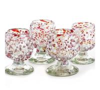 Authentic Mexican Tequila Shot Glasses (Set of 4) - Hand Blown 2oz Mini Snifters - Festive Red & White Stone Blend, Heavy Base