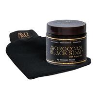 Authentic Moroccan Black Beldi Soap & Exfoliating Kessa Glove - Traditional Hammam Body Scrub, 100% Natural, Made in Morocco (Black Argan, 200g)