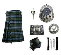 Authentic Scottish Campbell Tartan Set Kilt Set with Stag Head Sporran, Chain, Belt, Buckle, Brooch & Pin (46" Inches Naval Waist)