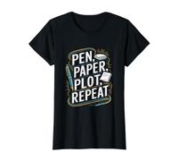 Authors Poets Literature Writer Pen Paper Plot Repeat Value Graphic T-Shirt, Women, Black, M