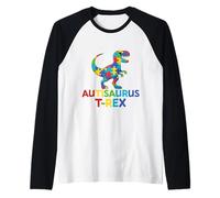 Autisaurus T-Rex Autism Awareness Dinosaur Puzzle Piece Boys Raglan Baseball Tee