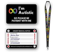Autism Autistic Anxious Non-Verbal Awareness Medical Card, Autism Card with Writable Panel and Autism Patterned Lanyard with Waterproof Card Holder (I’m Autistic Card & Autism Lanyard)