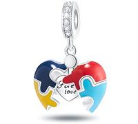 Autism Awareness Charms fits Pandora Mothers Day Bracelet, 925 Sterling Silver Dangle Opened Heart Bead Colored Enamel Puzzle Piece Pendant, Forever Love Gift for Mum/Child