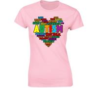 Autism Awareness Heart Womens T-Shirt Colorful Word Cloud Support Autism Tee Inspirational Attributes Gift for Autism Moms Light Pink - Large