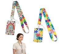 Autism Awareness Lanyard with Puzzle Design - 2 ID Card Holders + Detachable Safety Neck Strap + Retractable Badge Reel for Work, School, Events, Travel, Office Use