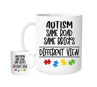 Autism Awareness Mug - “Same Road, Same Bricks, Different View” Quote - Colorful Puzzle Piece Design - 11oz Ceramic Coffee Cup - Inspirational Gift for Advocates, Teachers, Parents