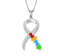 Autism Awareness Necklace Puzzle Piece Pendant 925 Sterling Silver Inspirational ASD Brain Awareness Gifts Supportive Autism Jewelry
