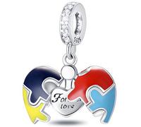 Autism Awareness Pendant Charms, 925 Sterling Silver Opened Heart Colourful Enamel Puzzle Piece Beads, fit Pandora Mothers Day Bracelet, Forever Love Gift for Christmas/Valentines