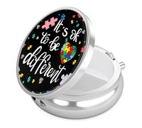 Autism Awareness Pill Case, Autistic Pride Pill Box 3 Compartments Metal Small Pill Holder with Mirror Mini Travel Pill Container for Purse Pocket Women Men