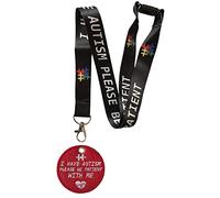 Autism Awareness - Please Be Patient i Have Autism Neck Lanyard with Safety Break & Matching Stitched Badge (Blac with Red Badge)