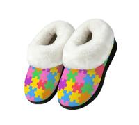 Autism Awareness Puzzle Pattern Plush House Slippers for Women 11-11.5