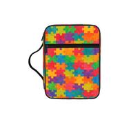 Autism Awareness Puzzle Pieces Bible Cover Case with Handle, Water-Resistant Oxford Fabric Bible Bag Organizer with Zipper Pockets for Church