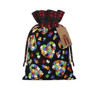 Autism Awareness Puzzle Pieces Heart 1pcs Drawstring Tote Bag 8.3x11.8in For Christmas Gifting And Storage And With Kraft Gift Tags