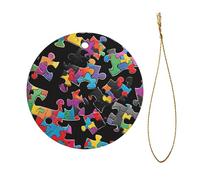 Autism Awareness Puzzle Pieces Heart Christmas Ceramic Ornament - Double-Sided Uv Printed Round Hanging Decoration with Gold String for Tree