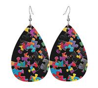 (Autism Awareness Puzzle Pieces Heart) Lightweight Leather Earrings For Women Elegant Dangle Drop Earrings For Casual Party Everyday Wear