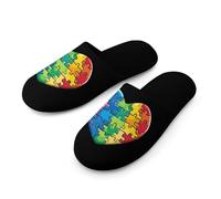Autism Awareness Puzzle Pieces Heart Mens Indoor Slippers Soft Flat Lightweight Non Skid House Shoes 43-44_（9.5-10）