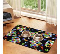Autism Awareness Puzzle Pieces Heart Patterned Pet Feeding Mat with Water-Absorbing PU Top & Rubber Base - Anti-Slip Dog Cat Food Mat for Cats, Dogs & Pets, 30x45cm