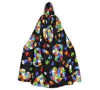 Autism Awareness Puzzle Pieces Heart Print Adults Hooded Cloak, Halloween Robe Hooded Cape Witch Wizard Cosplay Costumes For Men Women