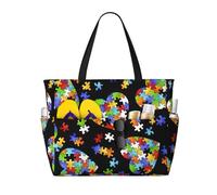 Autism Awareness Puzzle Pieces Heart Print Beach Tote Stylish Weekend Bag Reusable Lightweight Gym Picnic Camping Women Men