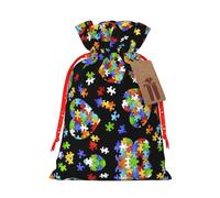Autism Awareness Puzzle Pieces Heart Print Christmas Burlap Gift Bag With Drawstring, Present Small Favor Pouch For Birthday Parties-S Size
