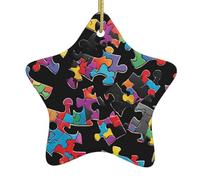 Autism Awareness Puzzle Pieces Heart -Print Christmas Ceramic Star Ornaments, Handmade Customizable Holiday Decor For Home & Retail Tree Hanging, Gifts Set Of 1.