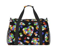Autism Awareness Puzzle Pieces Heart Print Functional Travel Tote Ample Space Travel Bag Foldable Carry On Tote for Weekender