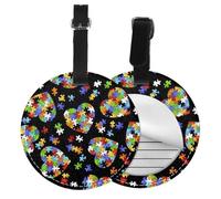 Autism Awareness Puzzle Pieces Heart Print Luggage Tag Round Leather Luggage Tag Easy Identification & Privacy Protection for Suitcases Easy to Identify Privacy Cover Id Label