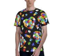 Autism Awareness Puzzle Pieces Heart Print Men Short Sleeve T-Shirt Soft Casual Office Gym Summer Office Environments Wear Black