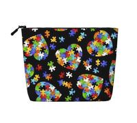 Autism Awareness Puzzle Pieces Heart Print Portable Makeup Bag for Women Large-Capacity Travel Toiletry Organizer Pouch