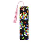 Autism Awareness Puzzle Pieces Heart Print Reading Page Markers Wooden Bookmarks, 5pcs Wood Bookmarks with Tassels, Gifts for Men Women