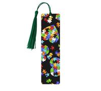 Autism Awareness Puzzle Pieces Heart Print Reading Page Markers Wooden Bookmarks, 5pcs Wood Bookmarks with Tassels, Gifts for Men Women