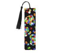 Autism Awareness Puzzle Pieces Heart Print Reading Page Markers Wooden Bookmarks, 5pcs Wood Bookmarks with Tassels, Gifts for Men Women