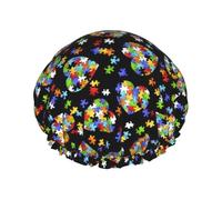 Autism Awareness Puzzle Pieces Heart Print Reusable Double Layer Shower Hat Elastic Band Design, Fits Most Head Sizes