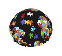 Autism Awareness Puzzle Pieces Heart Print Shower Cap - Reusable, Double Layer, Hotel Travel Essentials, Salon Shower Hat Accessories L