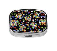 Autism Awareness Puzzle Pieces Heart Print Square Metal Pill Box Decorative Pill Case - Carry Your Meds in Style (Rectangular)